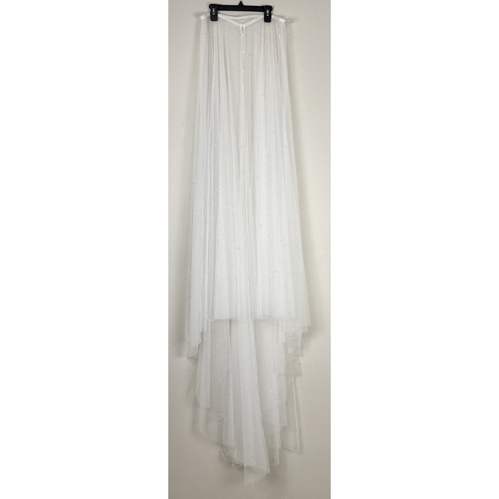 Bridal High Low Tulle Sheer Overskirt Pearl Rhinestone Wedding Train Wrist Loop